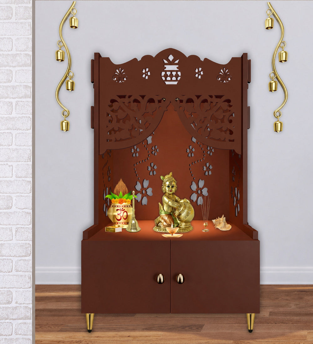 Beautiful Flower Design Pattern Floor Temple with Spacious Wooden Shelf & Inbuilt Focus Light- Brown Finish