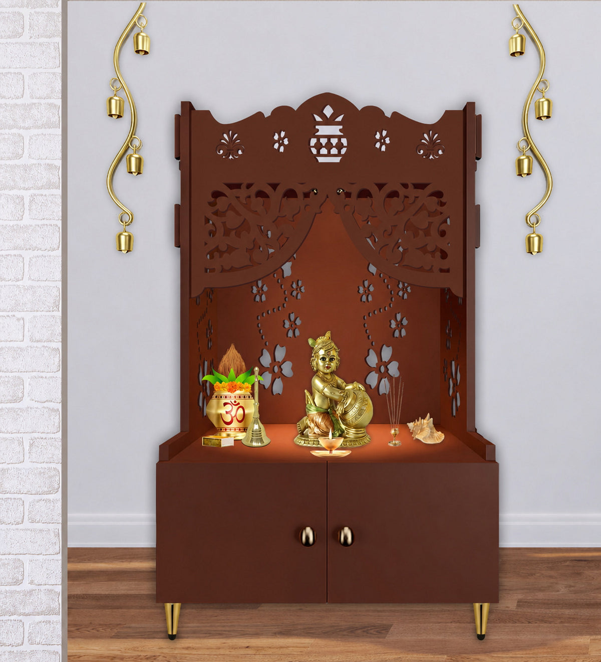 Beautiful Flower Design Pattern Floor Temple with Spacious Wooden Shelf & Inbuilt Focus Light- Brown Finish