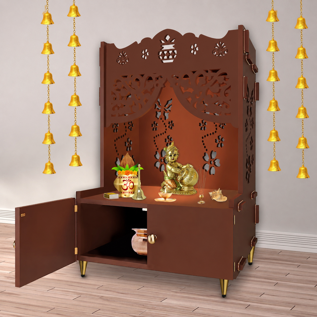 Beautiful Flower Design Pattern Floor Temple with Spacious Wooden Shelf & Inbuilt Focus Light- Brown Finish