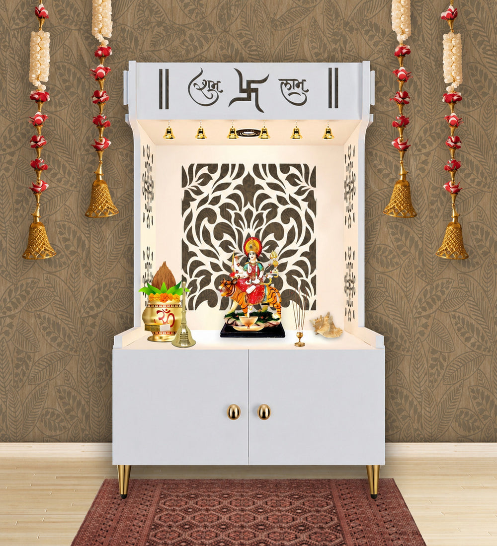 Designer Intricate Jali Design Pattern Floor Temple with Spacious Wooden Shelf & Inbuilt Focus Light- White Finish