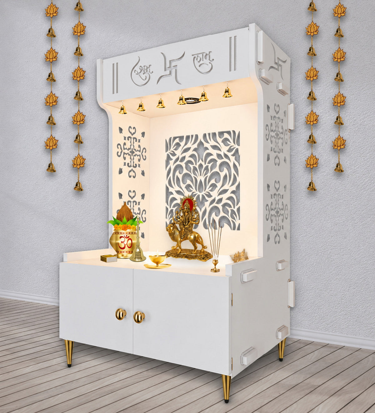 Designer Intricate Jali Design Pattern Floor Temple with Spacious Wooden Shelf & Inbuilt Focus Light- White Finish