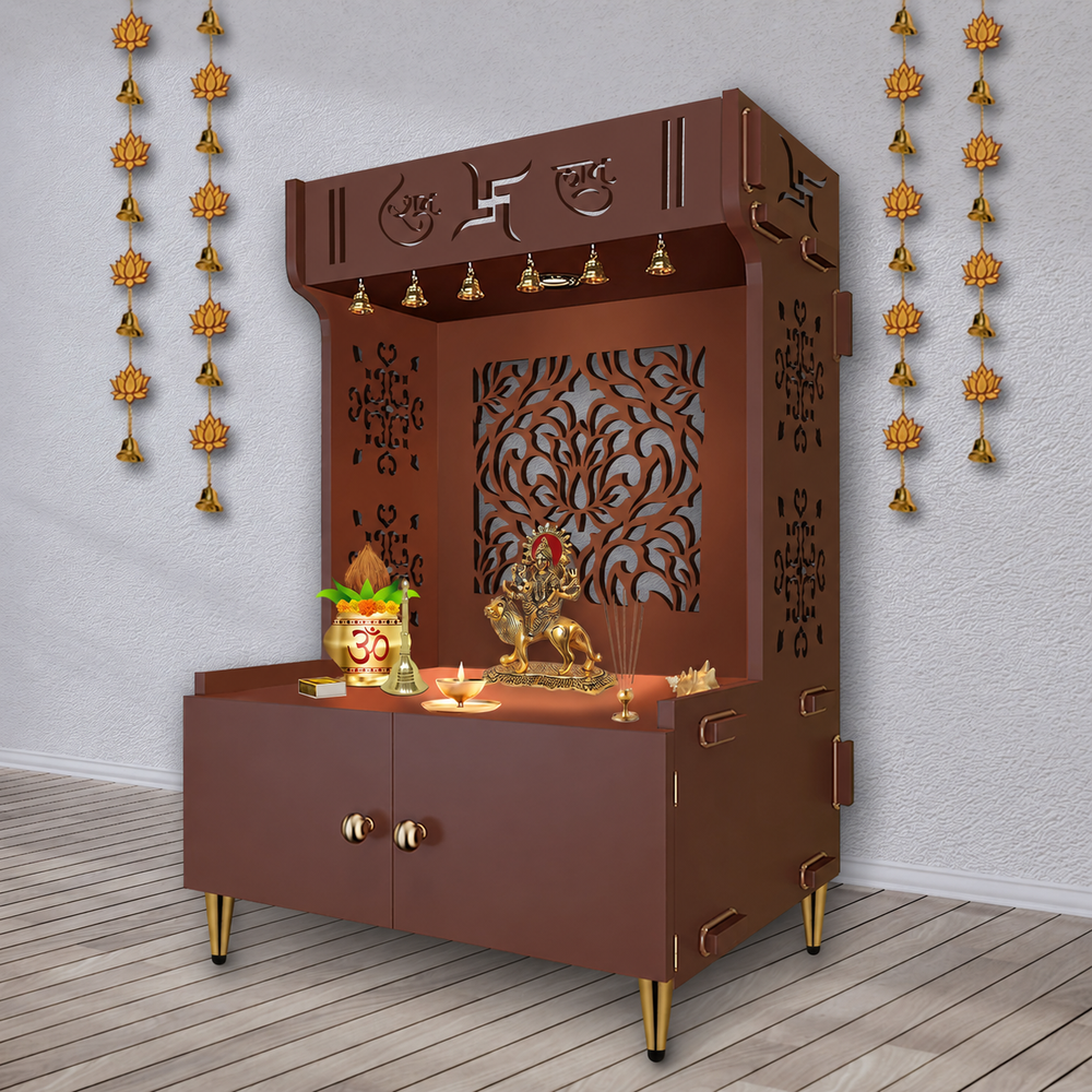 Designer Intricate Jali Design Pattern Floor Temple with Spacious Wooden Shelf & Inbuilt Focus Light- Brown Finish