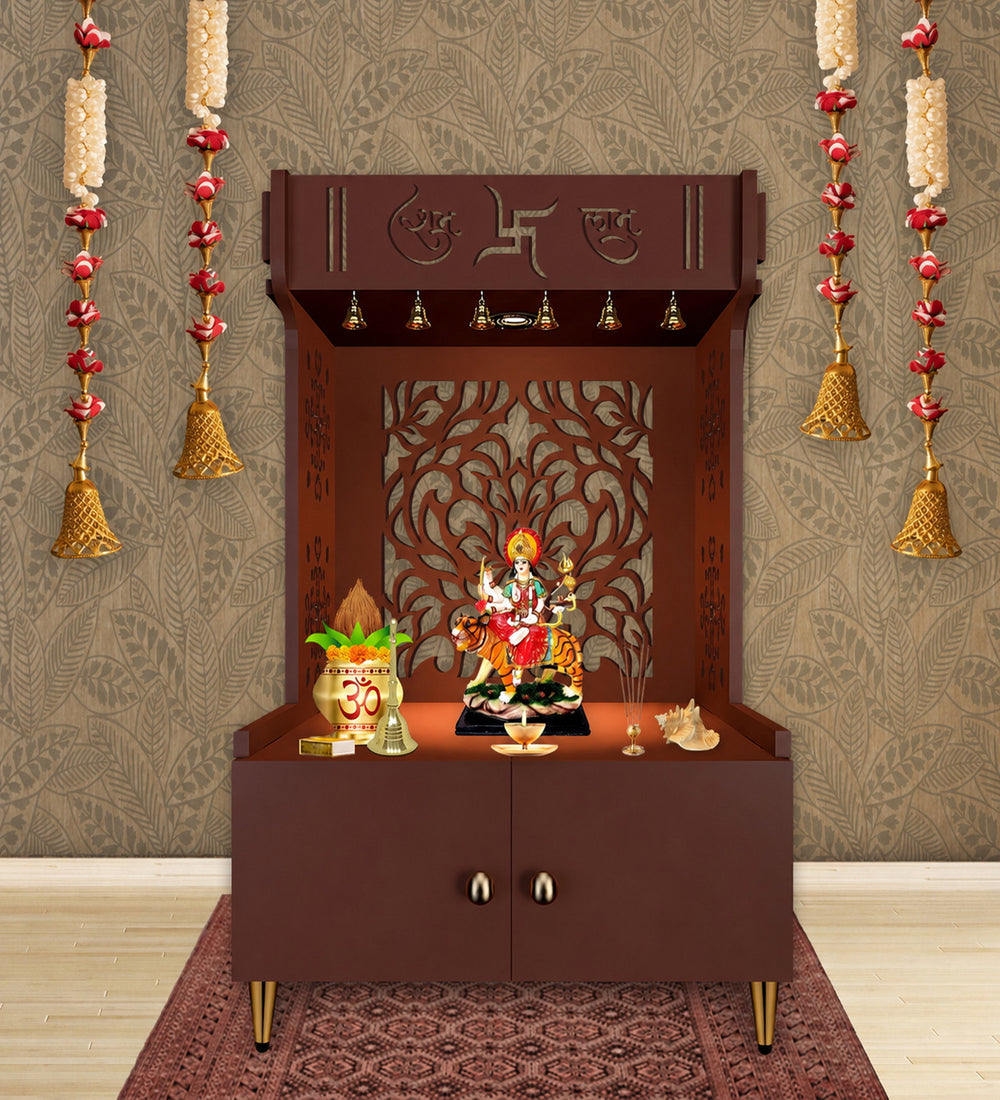 Designer Intricate Jali Design Pattern Floor Temple with Spacious Wooden Shelf & Inbuilt Focus Light- Brown Finish