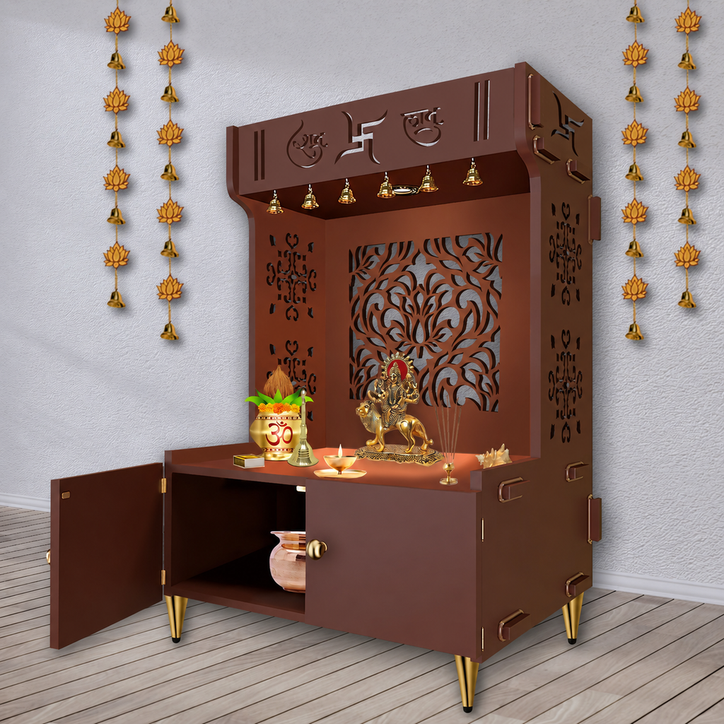 Designer Intricate Jali Design Pattern Floor Temple with Spacious Wooden Shelf & Inbuilt Focus Light- Brown Finish