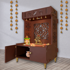 Designer Intricate Jali Design Pattern Floor Temple with Spacious Wooden Shelf & Inbuilt Focus Light- Brown Finish