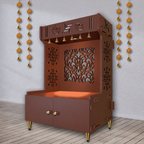 Designer Intricate Jali Design Pattern Floor Temple with Spacious Wooden Shelf & Inbuilt Focus Light- Brown Finish