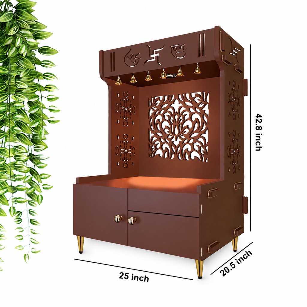 Designer Intricate Jali Design Pattern Floor Temple with Spacious Wooden Shelf & Inbuilt Focus Light- Brown Finish