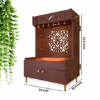 Designer Intricate Jali Design Pattern Floor Temple with Spacious Wooden Shelf & Inbuilt Focus Light- Brown Finish