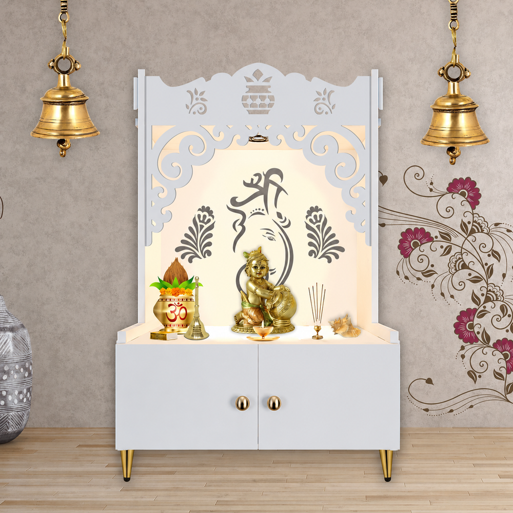 Beautiful Design of Shri Ganesh Floor Temple with Spacious Wooden Shelf & Inbuilt Focus Light- White Finish