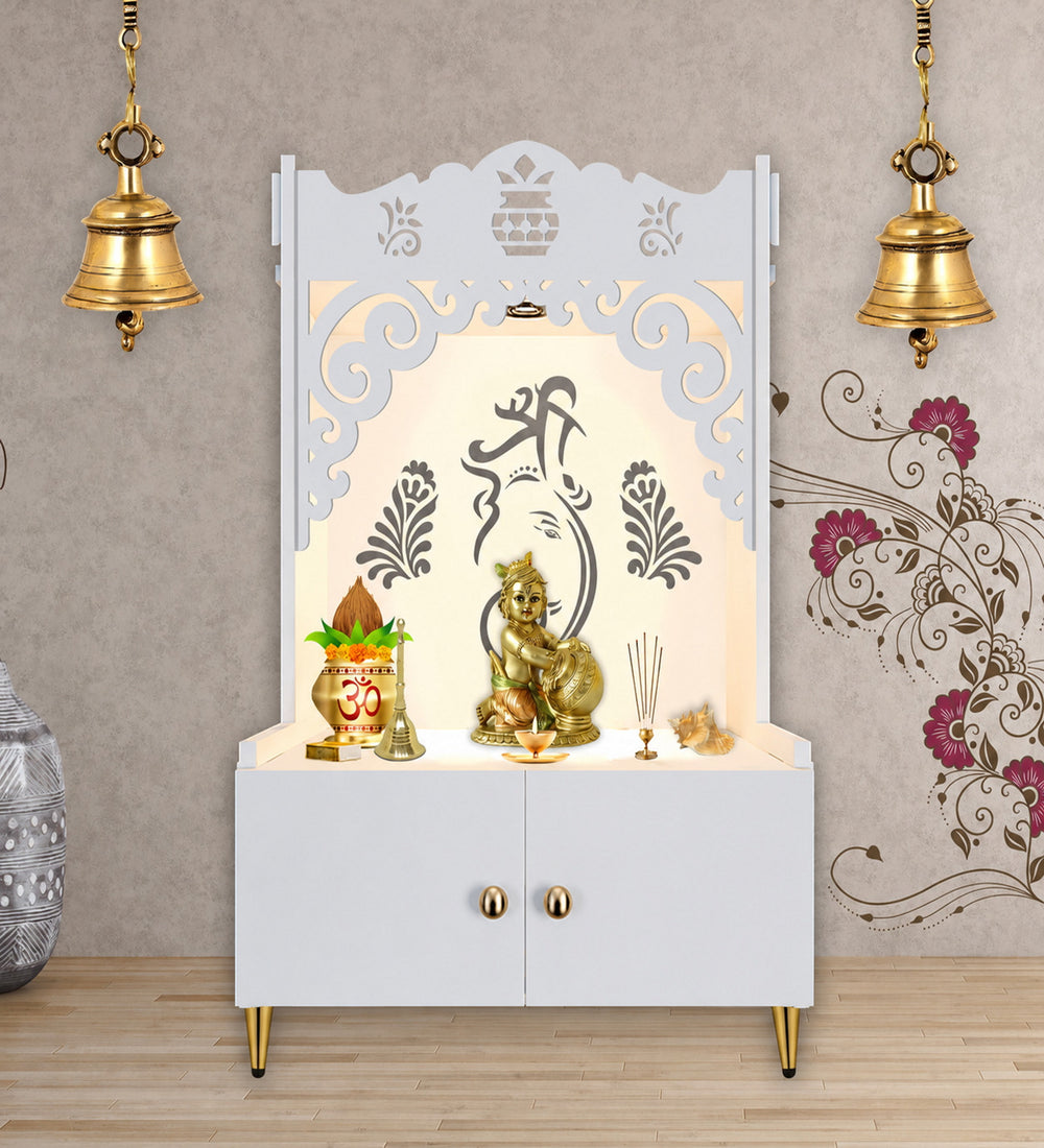 Beautiful Design of Shri Ganesh Floor Temple with Spacious Wooden Shelf & Inbuilt Focus Light- White Finish