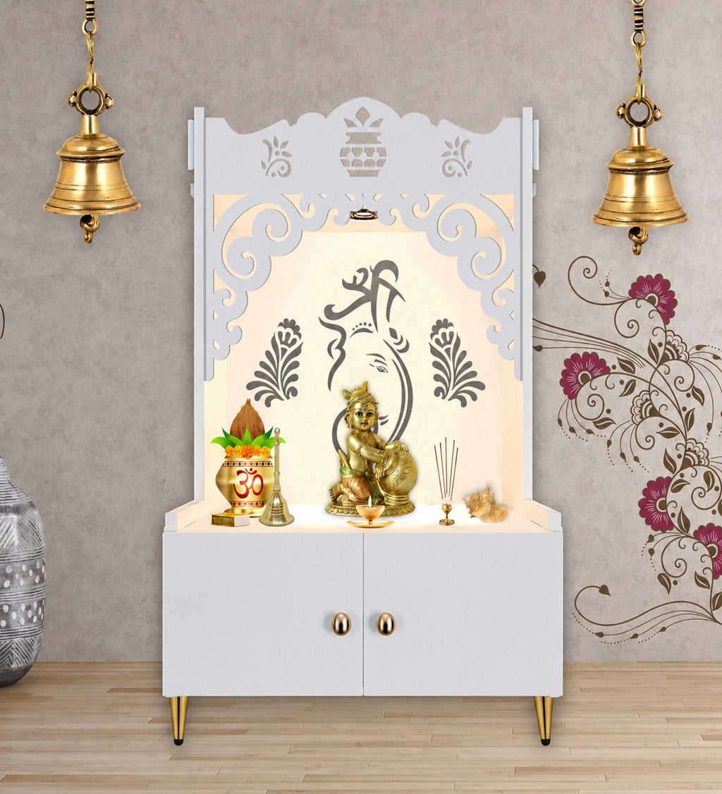 Beautiful Design of Shri Ganesh Floor Temple with Spacious Wooden Shelf & Inbuilt Focus Light- White Finish