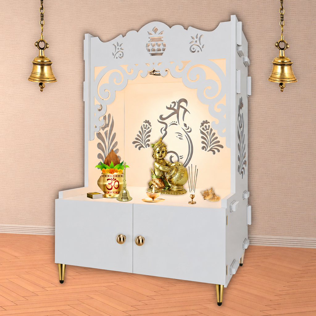 Beautiful Design of Shri Ganesh Floor Temple with Spacious Wooden Shelf & Inbuilt Focus Light- White Finish