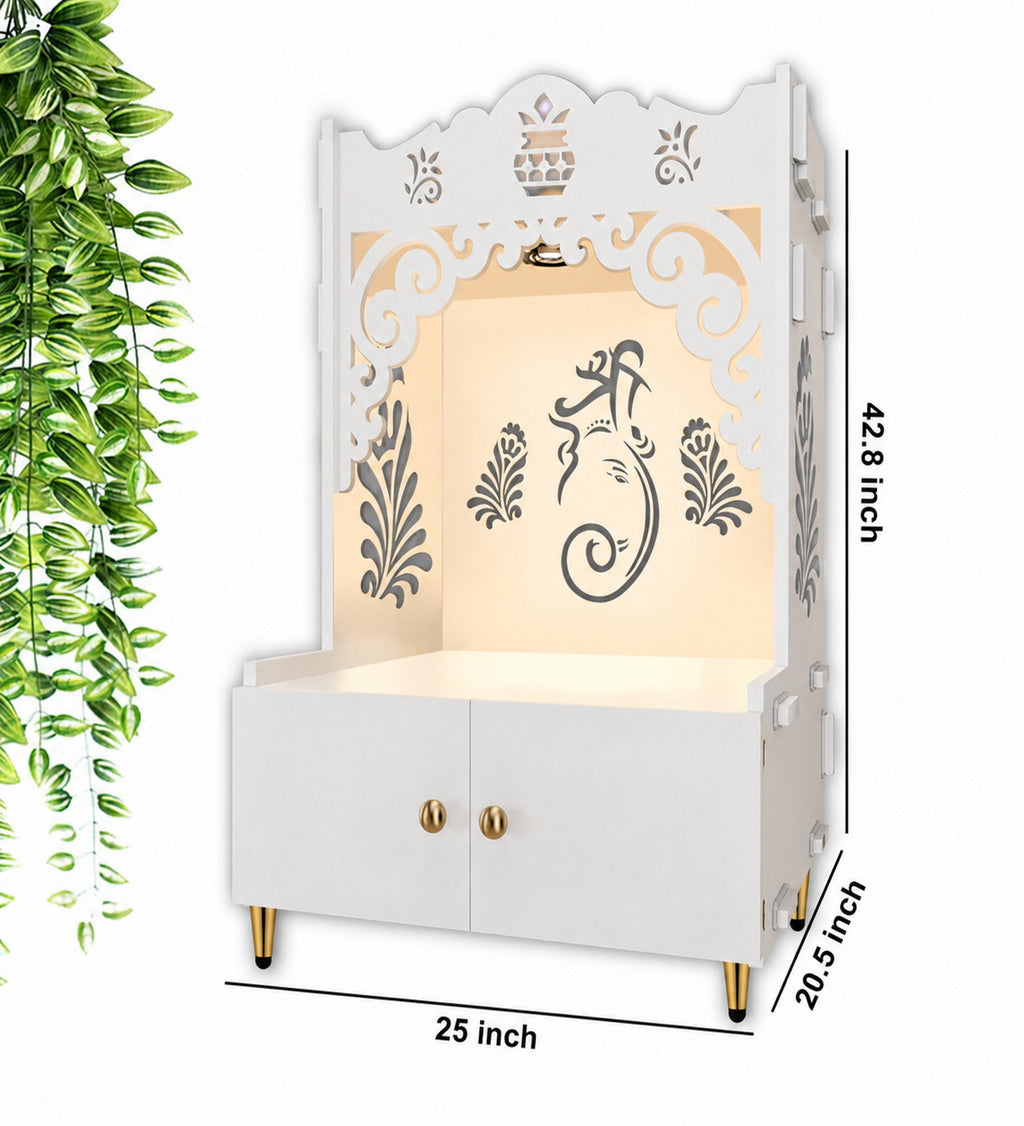 Beautiful Design of Shri Ganesh Floor Temple with Spacious Wooden Shelf & Inbuilt Focus Light- White Finish