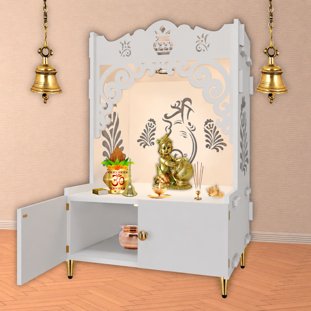 Beautiful Design of Shri Ganesh Floor Temple with Spacious Wooden Shelf & Inbuilt Focus Light- White Finish