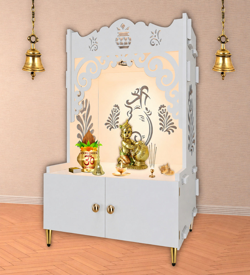 Beautiful Design of Shri Ganesh Floor Temple with Spacious Wooden Shelf & Inbuilt Focus Light- White Finish