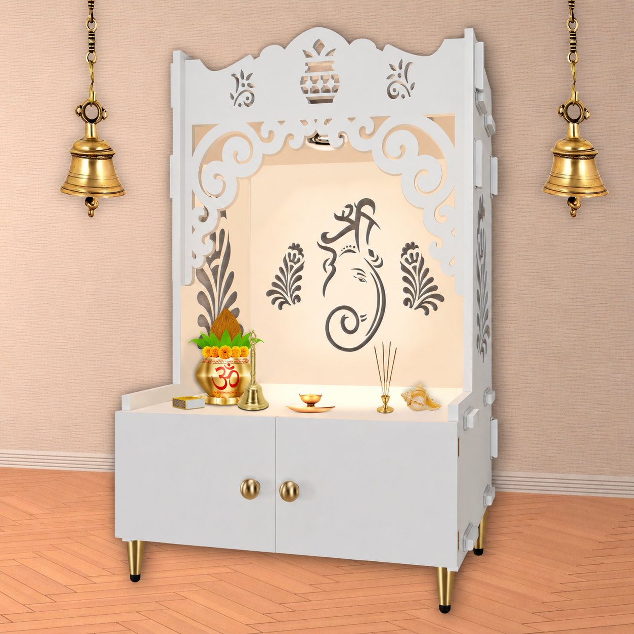 Beautiful Design of Shri Ganesh Floor Temple with Spacious Wooden Shelf & Inbuilt Focus Light- White Finish