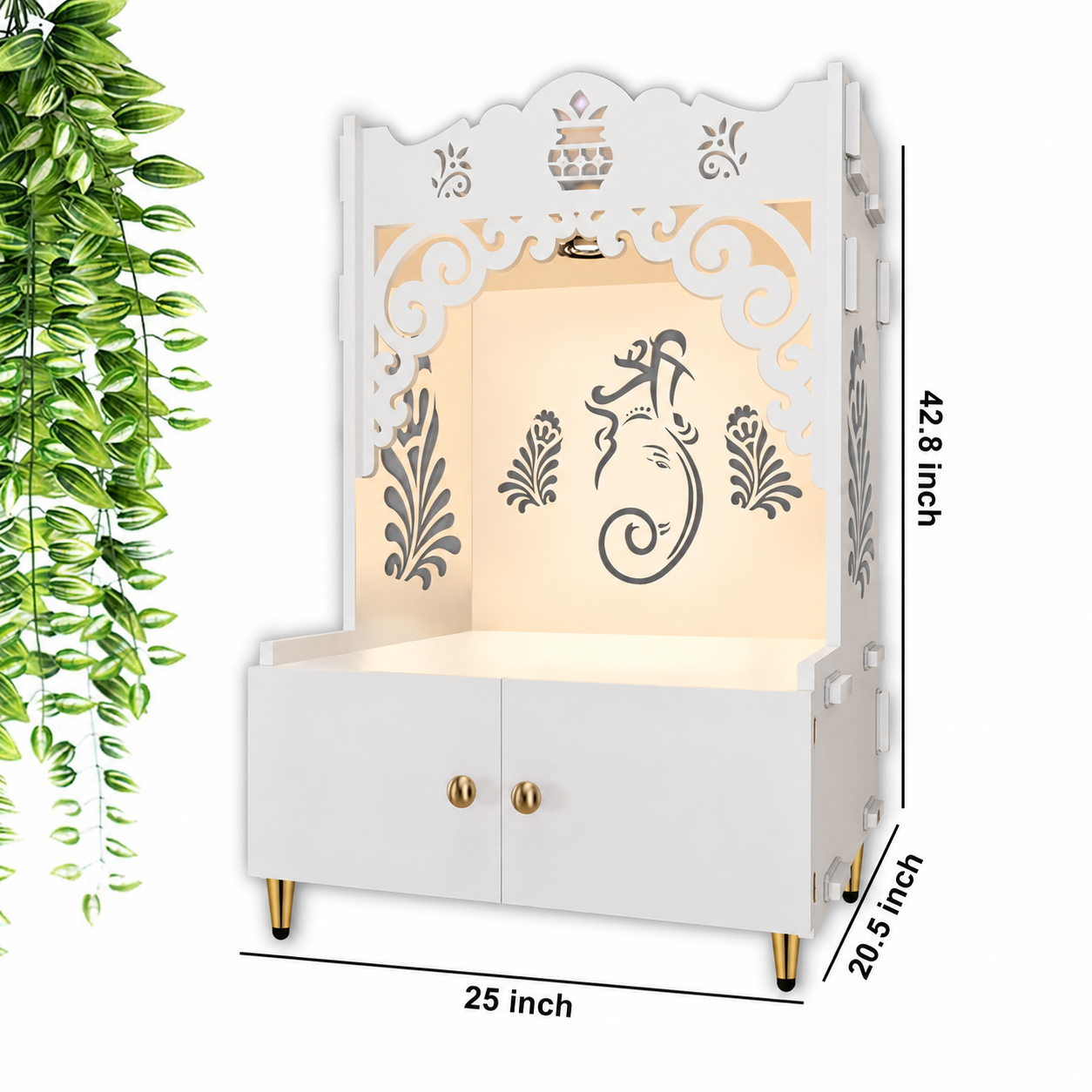 Beautiful Design of Shri Ganesh Floor Temple with Spacious Wooden Shelf & Inbuilt Focus Light- White Finish