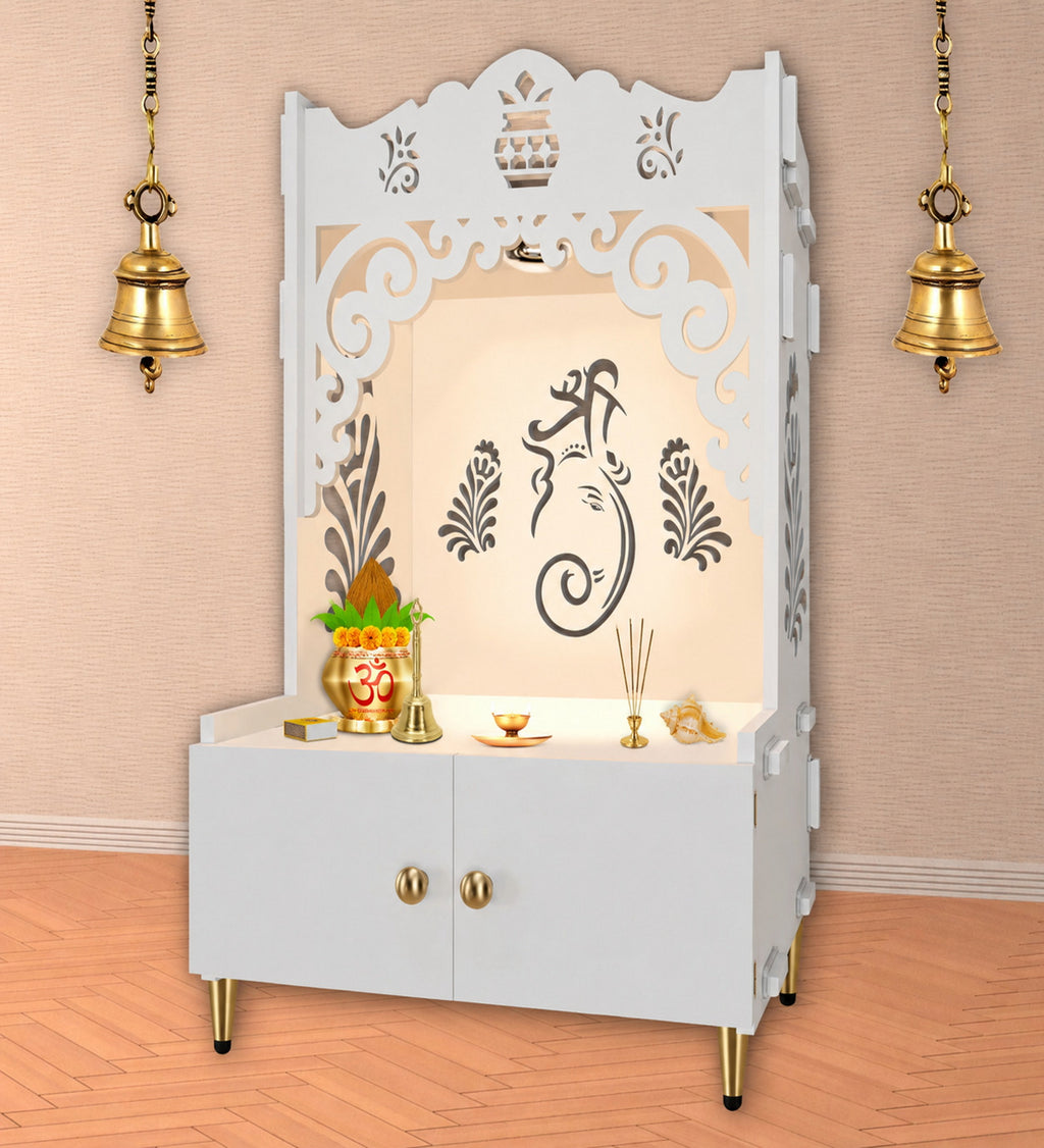 Beautiful Design of Shri Ganesh Floor Temple with Spacious Wooden Shelf & Inbuilt Focus Light- White Finish
