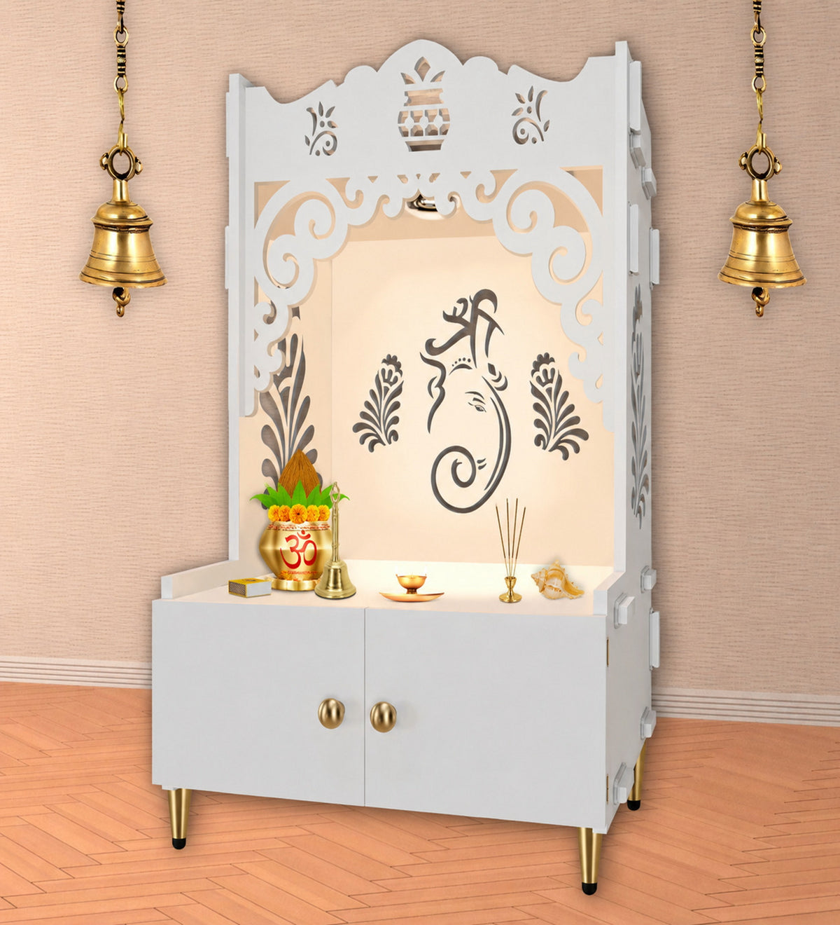 Beautiful Design of Shri Ganesh Floor Temple with Spacious Wooden Shelf & Inbuilt Focus Light- White Finish