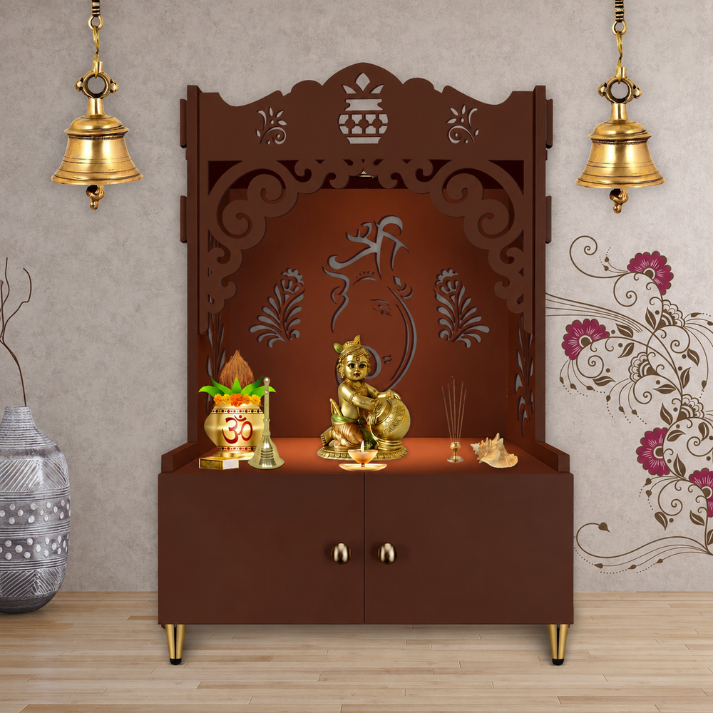 Beautiful Design of Shri Ganesh Floor Temple with Spacious Wooden Shelf & Inbuilt Focus Light- Brown Finish