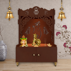 Beautiful Design of Shri Ganesh Floor Temple with Spacious Wooden Shelf & Inbuilt Focus Light- Brown Finish
