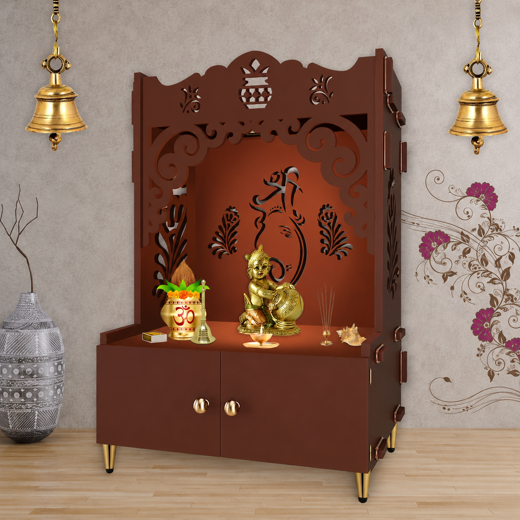 Beautiful Design of Shri Ganesh Floor Temple with Spacious Wooden Shelf & Inbuilt Focus Light- Brown Finish