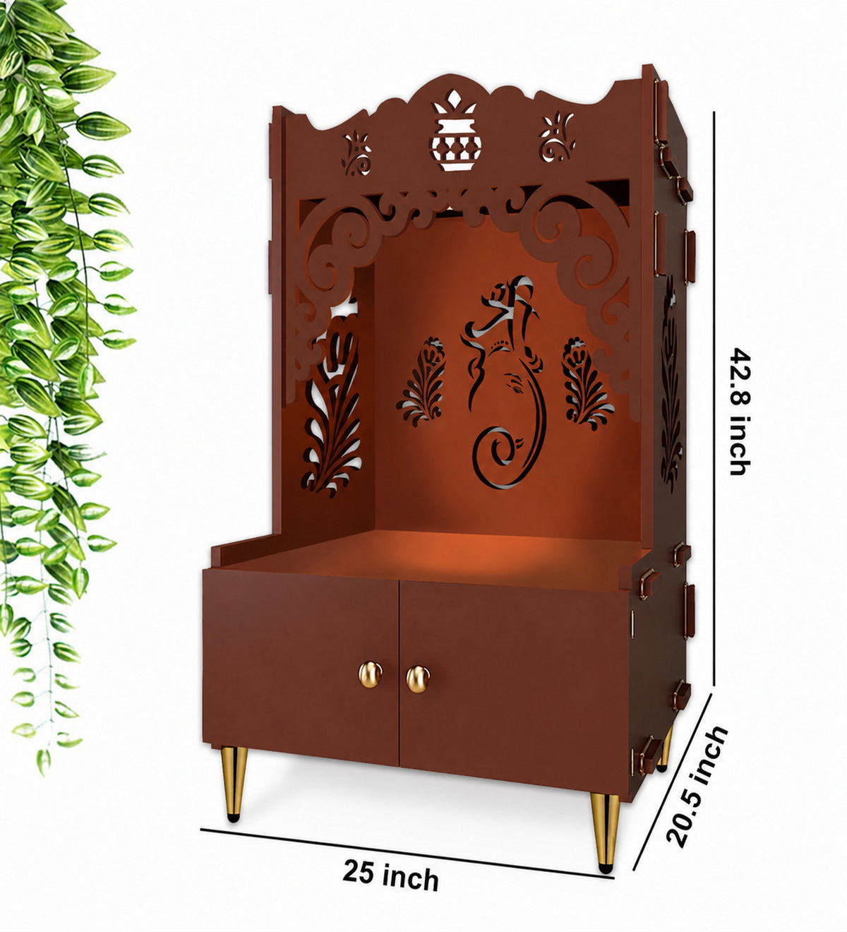 Beautiful Design of Shri Ganesh Floor Temple with Spacious Wooden Shelf & Inbuilt Focus Light- Brown Finish