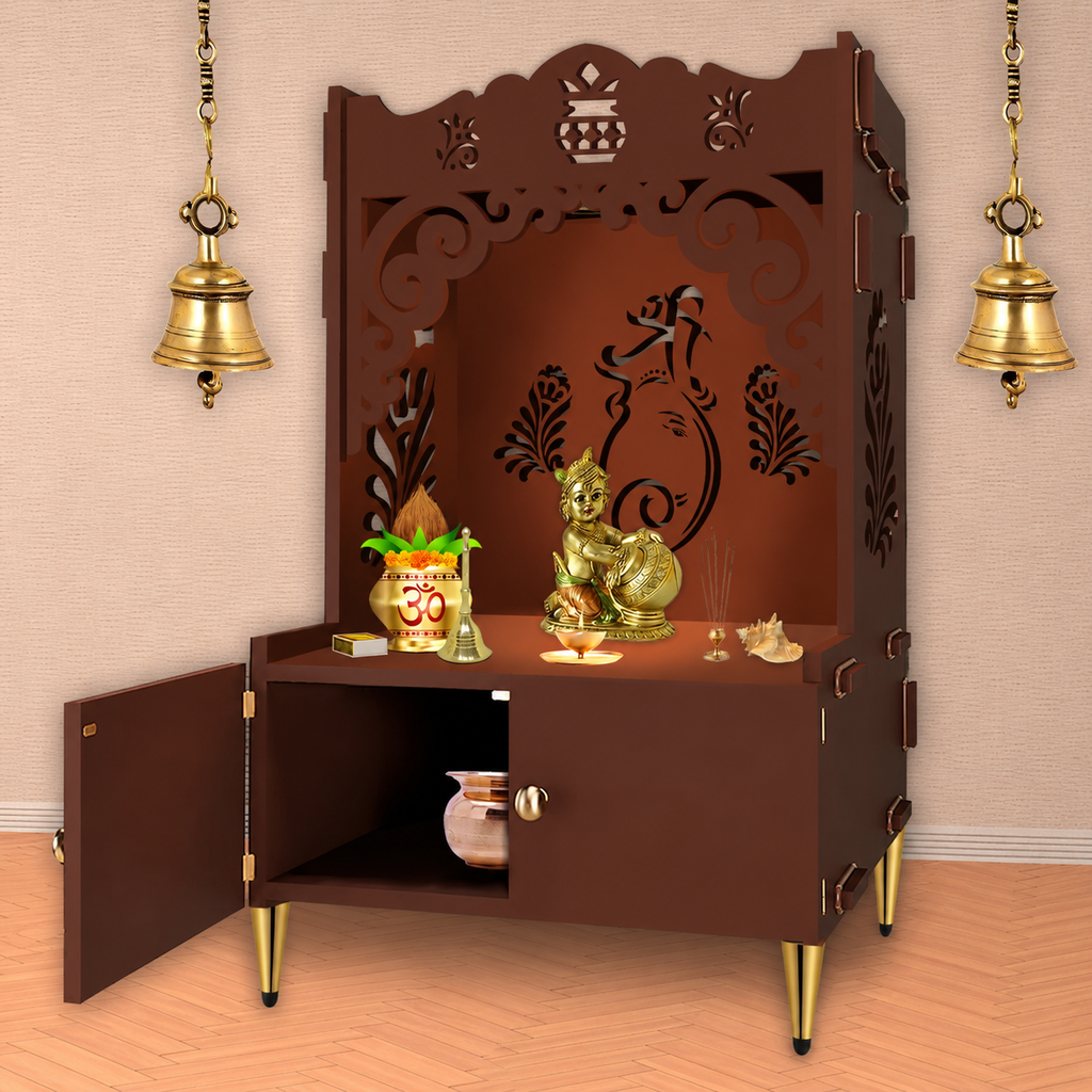 Beautiful Design of Shri Ganesh Floor Temple with Spacious Wooden Shelf & Inbuilt Focus Light- Brown Finish