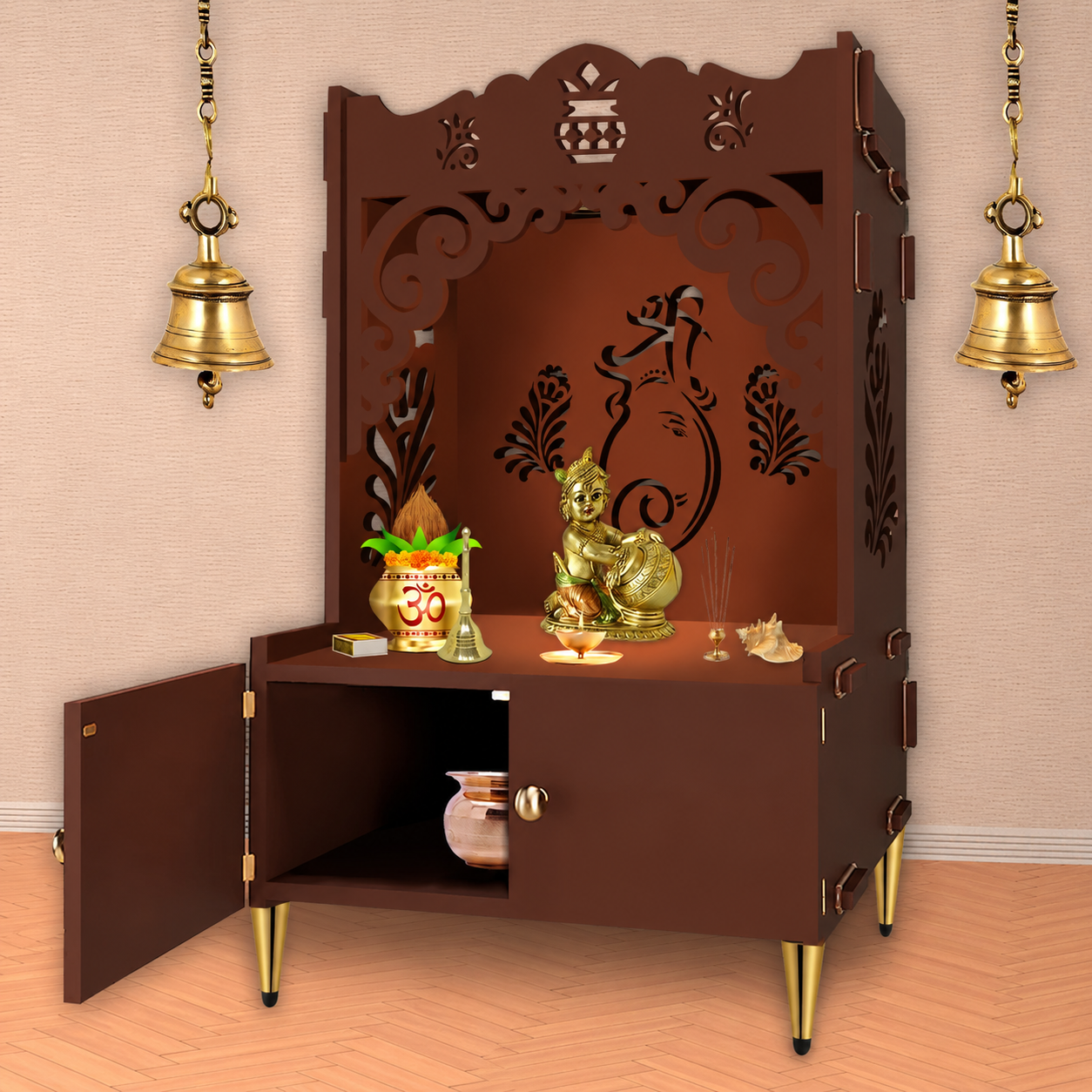 Beautiful Design of Shri Ganesh Floor Temple with Spacious Wooden Shelf & Inbuilt Focus Light- Brown Finish