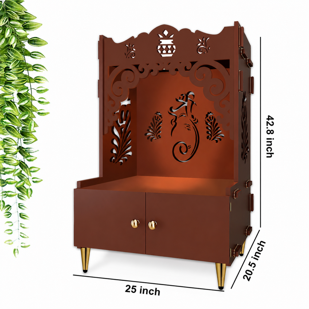 Beautiful Design of Shri Ganesh Floor Temple with Spacious Wooden Shelf & Inbuilt Focus Light- Brown Finish