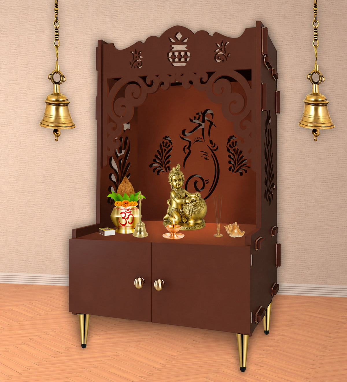 Beautiful Design of Shri Ganesh Floor Temple with Spacious Wooden Shelf & Inbuilt Focus Light- Brown Finish