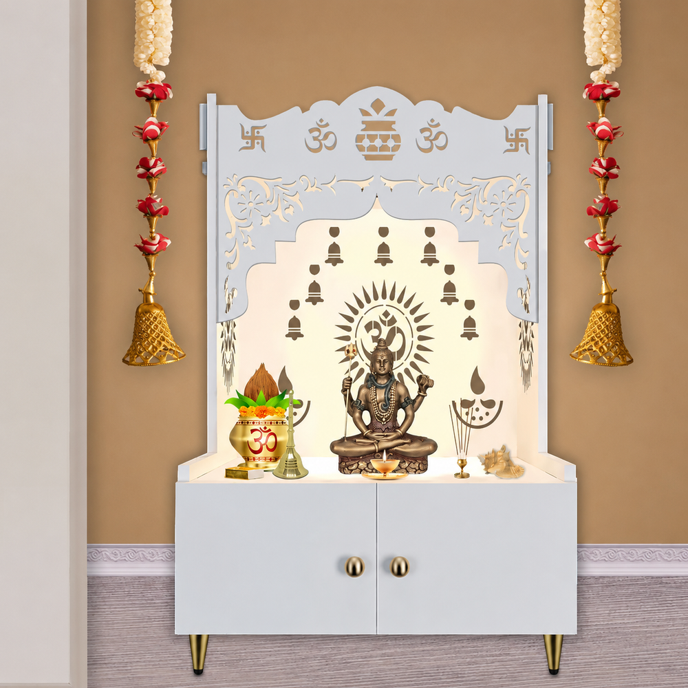 Holy Symbol Om Chakra Floor Temple with Spacious Wooden Shelf & Inbuilt Focus Light- White Finish