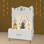 Holy Symbol Om Chakra Floor Temple with Spacious Wooden Shelf & Inbuilt Focus Light- White Finish