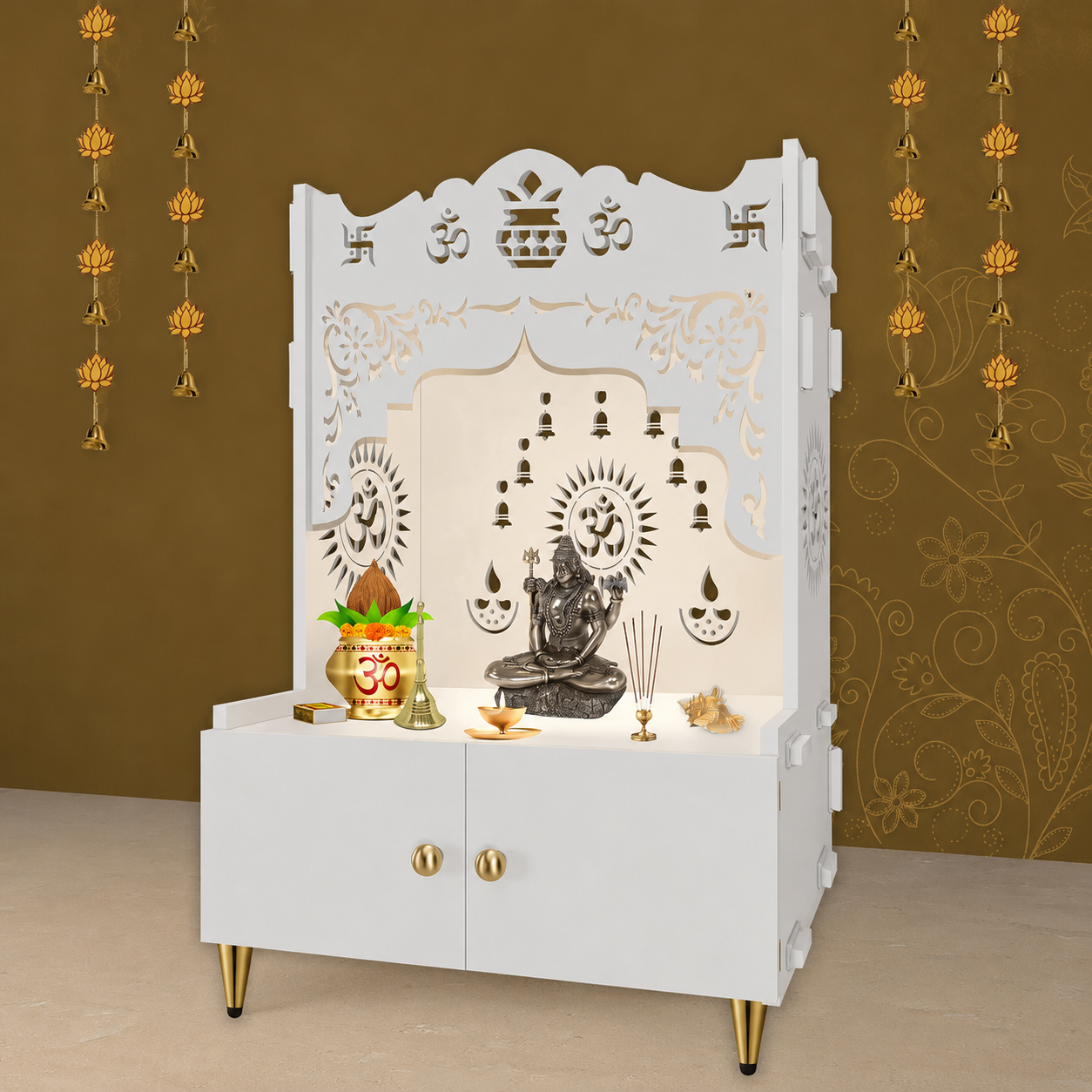 Holy Symbol Om Chakra Floor Temple with Spacious Wooden Shelf & Inbuilt Focus Light- White Finish