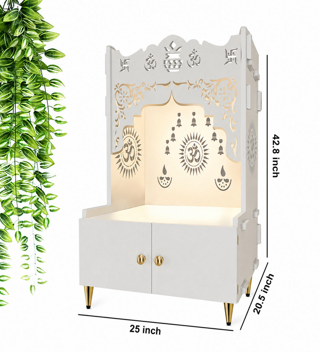Holy Symbol Om Chakra Floor Temple with Spacious Wooden Shelf & Inbuilt Focus Light- White Finish