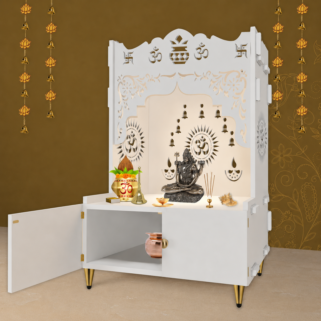 Holy Symbol Om Chakra Floor Temple with Spacious Wooden Shelf & Inbuilt Focus Light- White Finish