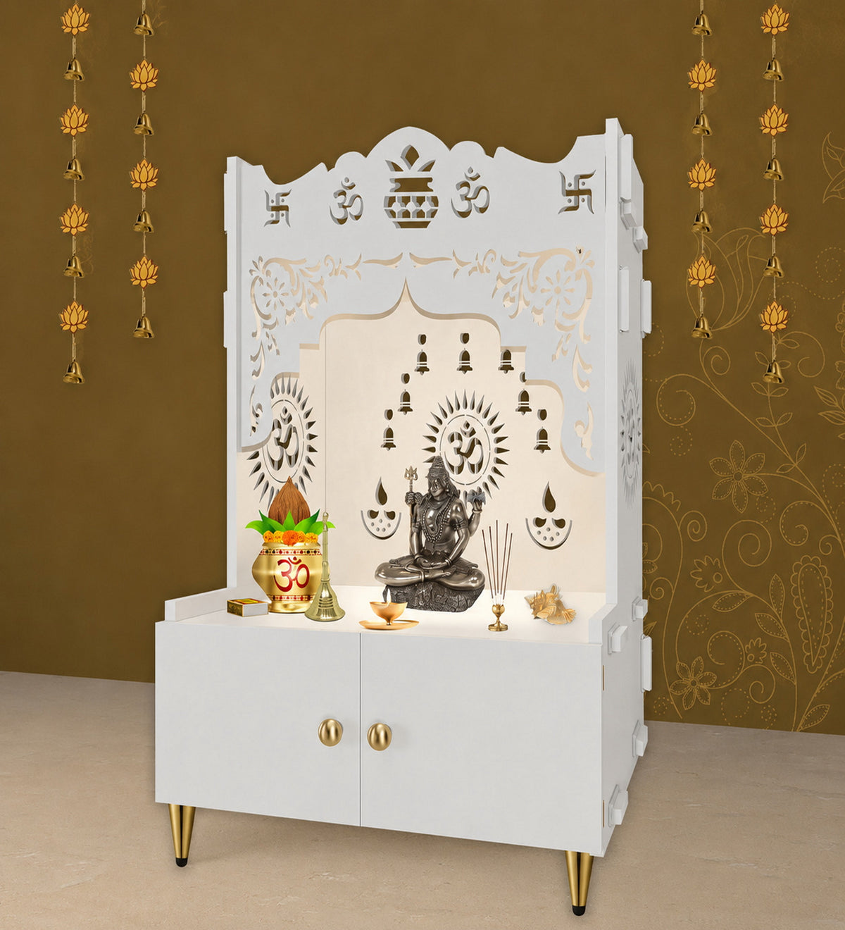 Holy Symbol Om Chakra Floor Temple with Spacious Wooden Shelf & Inbuilt Focus Light- White Finish