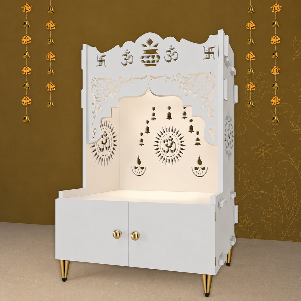 Holy Symbol Om Chakra Floor Temple with Spacious Wooden Shelf & Inbuilt Focus Light- White Finish