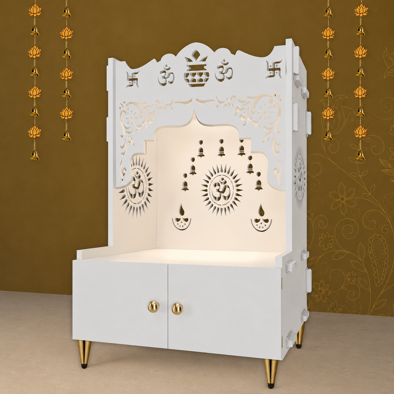 Holy Symbol Om Chakra Floor Temple with Spacious Wooden Shelf & Inbuilt Focus Light- White Finish