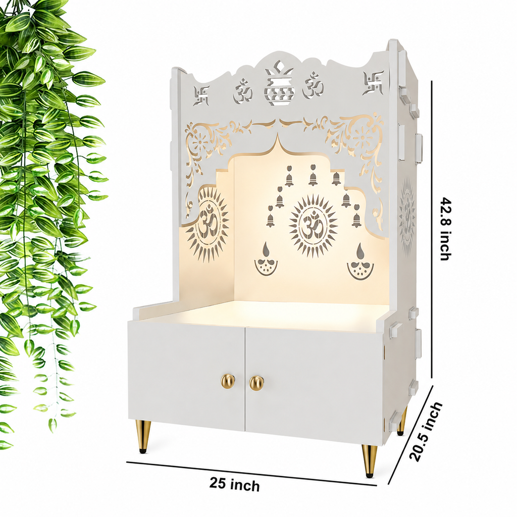Holy Symbol Om Chakra Floor Temple with Spacious Wooden Shelf & Inbuilt Focus Light- White Finish