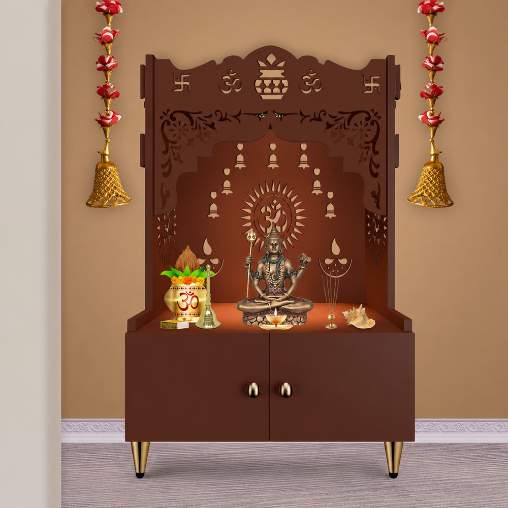 Holy Symbol Om Chakra Floor Temple with Spacious Wooden Shelf & Inbuilt Focus Light- Brown Finish