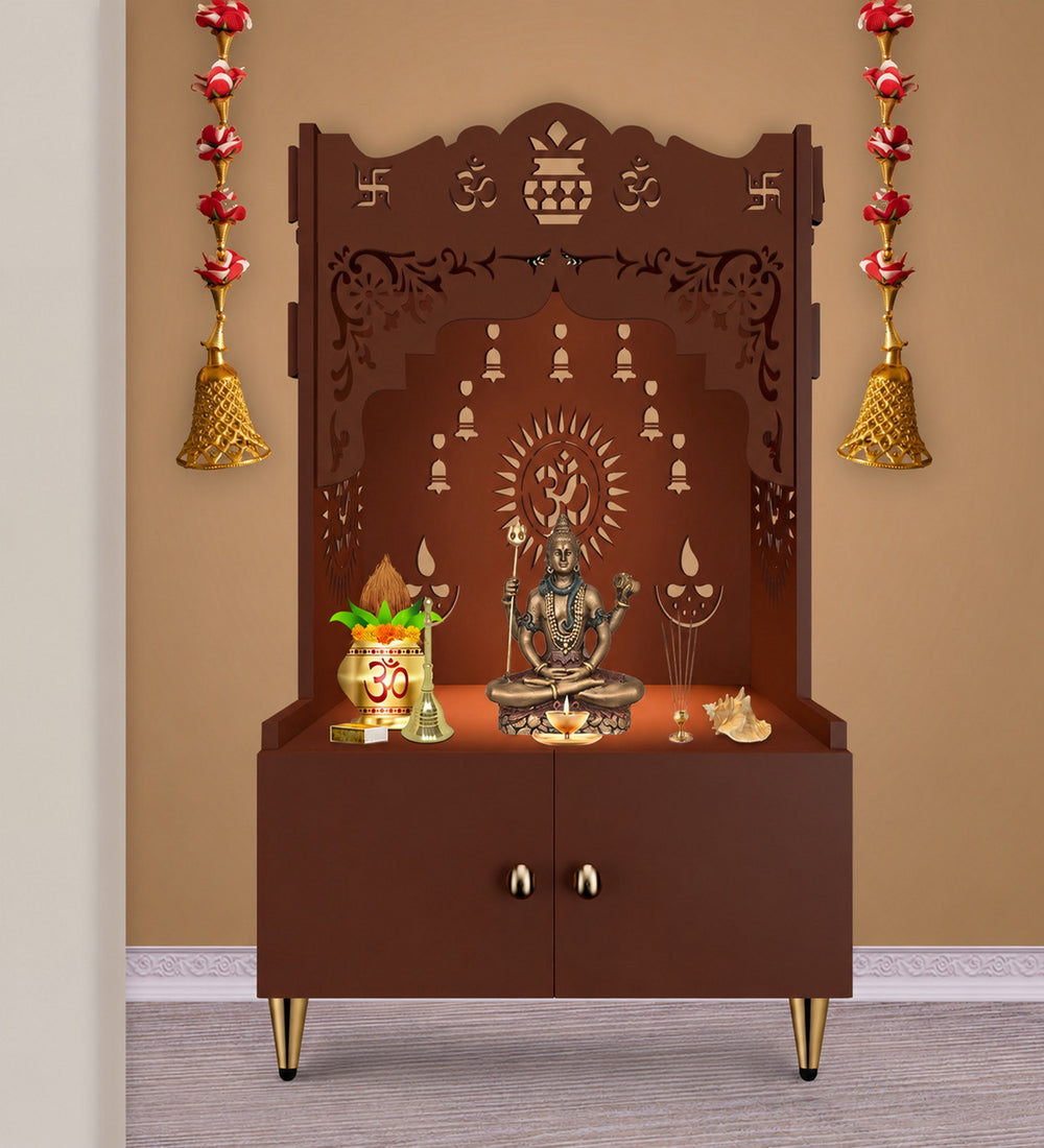 Holy Symbol Om Chakra Floor Temple with Spacious Wooden Shelf & Inbuilt Focus Light- Brown Finish