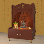 Holy Symbol Om Chakra Floor Temple with Spacious Wooden Shelf & Inbuilt Focus Light- Brown Finish