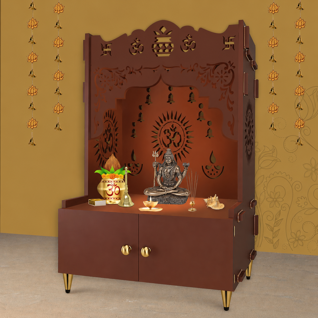 Holy Symbol Om Chakra Floor Temple with Spacious Wooden Shelf & Inbuilt Focus Light- Brown Finish