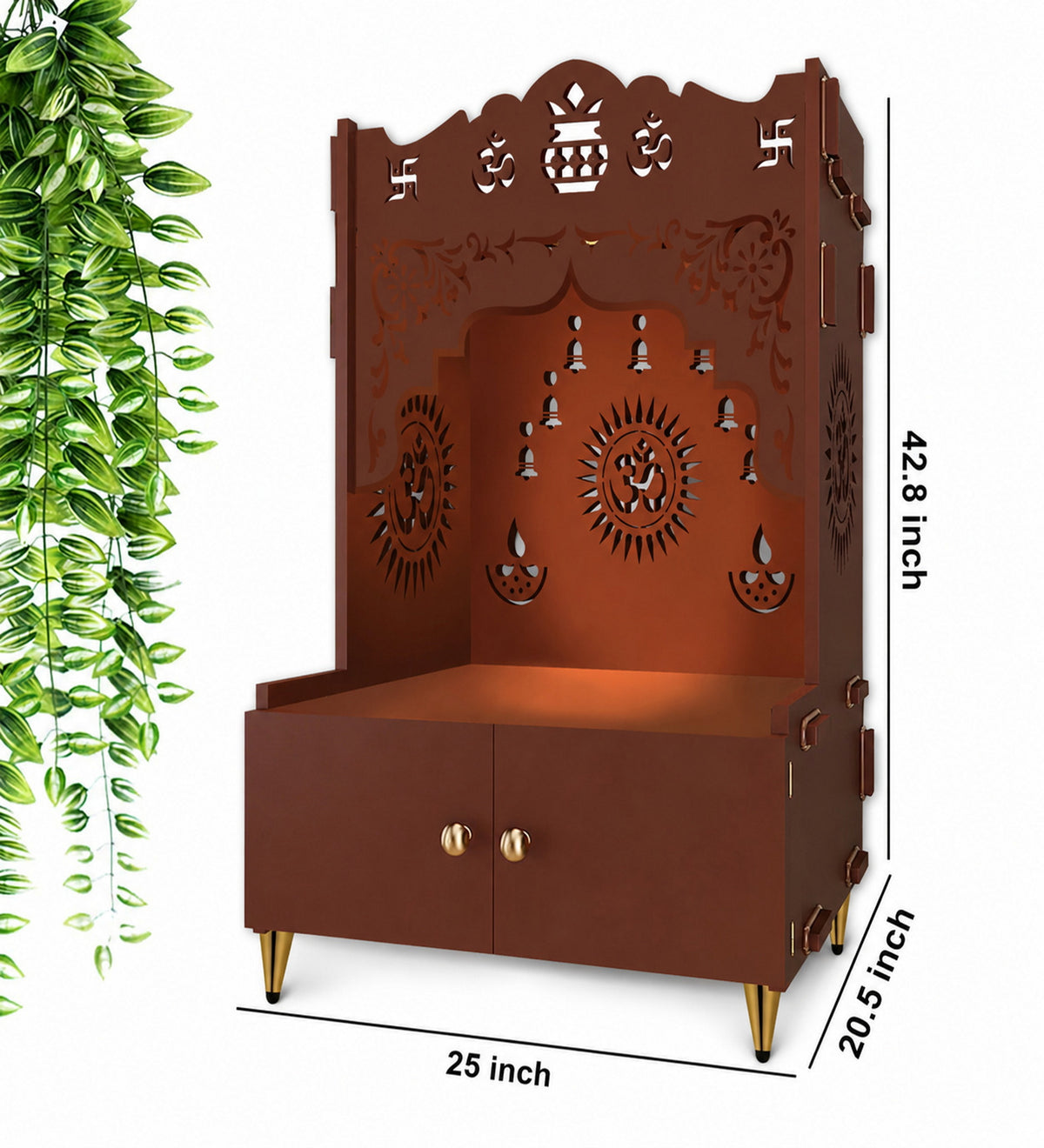 Holy Symbol Om Chakra Floor Temple with Spacious Wooden Shelf & Inbuilt Focus Light- Brown Finish