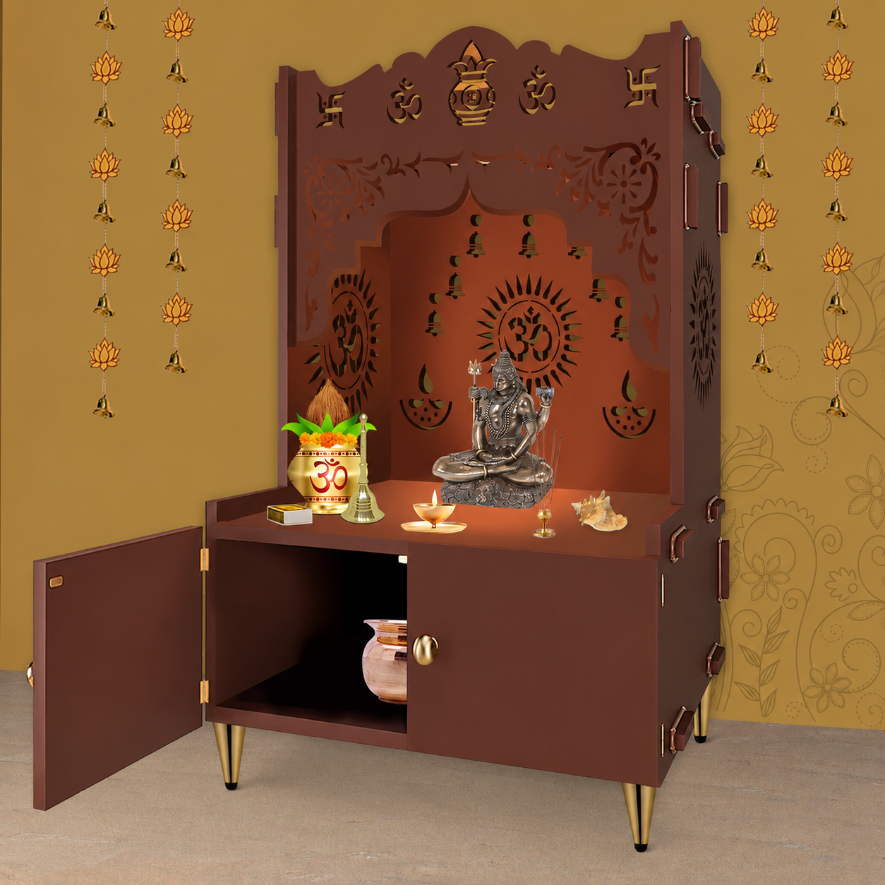 Holy Symbol Om Chakra Floor Temple with Spacious Wooden Shelf & Inbuilt Focus Light- Brown Finish