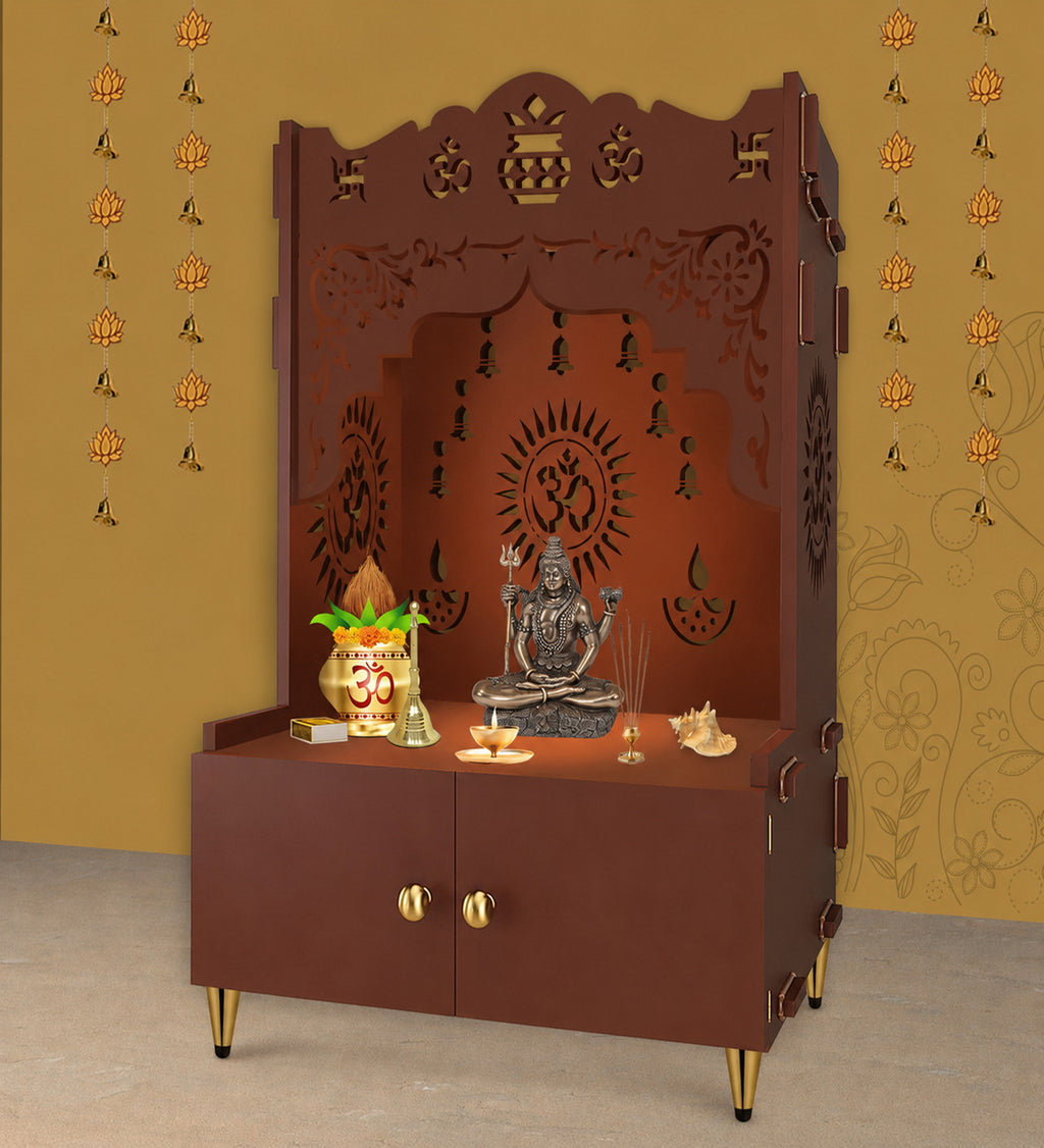Holy Symbol Om Chakra Floor Temple with Spacious Wooden Shelf & Inbuilt Focus Light- Brown Finish