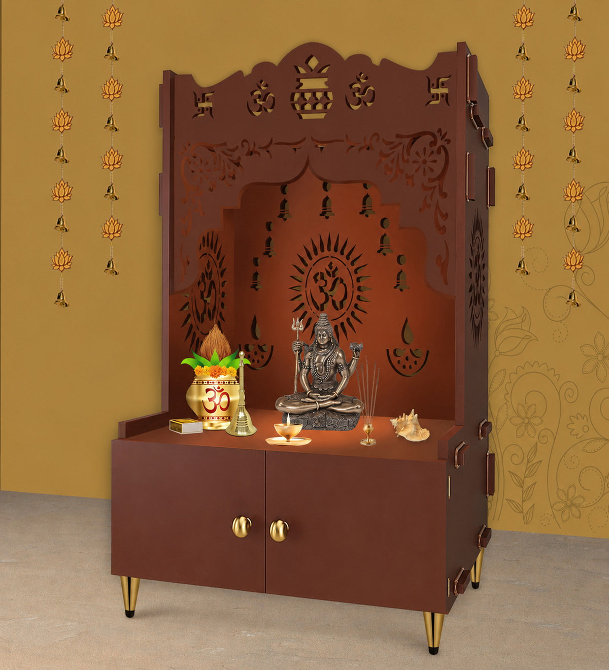 Holy Symbol Om Chakra Floor Temple with Spacious Wooden Shelf & Inbuilt Focus Light- Brown Finish