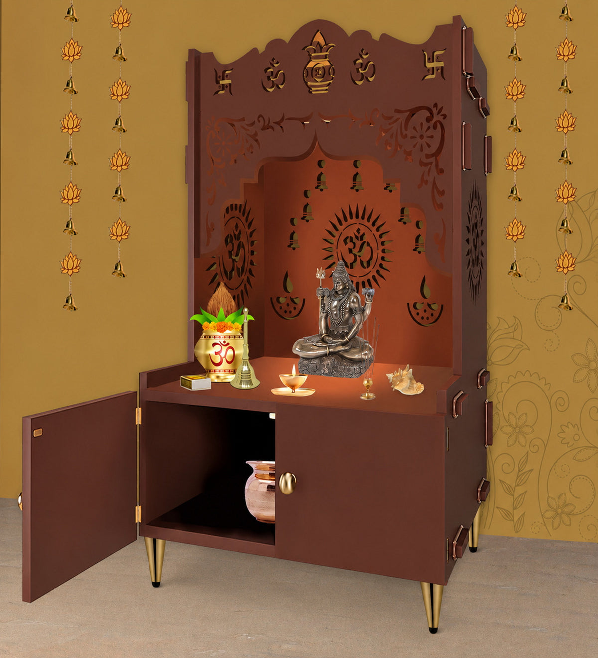 Holy Symbol Om Chakra Floor Temple with Spacious Wooden Shelf & Inbuilt Focus Light- Brown Finish