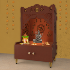 Holy Symbol Om Chakra Floor Temple with Spacious Wooden Shelf & Inbuilt Focus Light- Brown Finish
